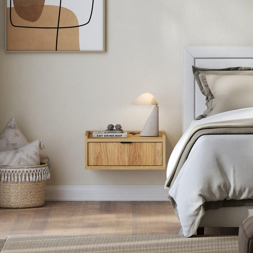 NACHTTISCH Evron mit 1 Schublade, Hängender, Hikora Eiche - Eichefarben/Schwarz, Holzwerkstoff/Metall (51/21/40cm) - Beautysofa