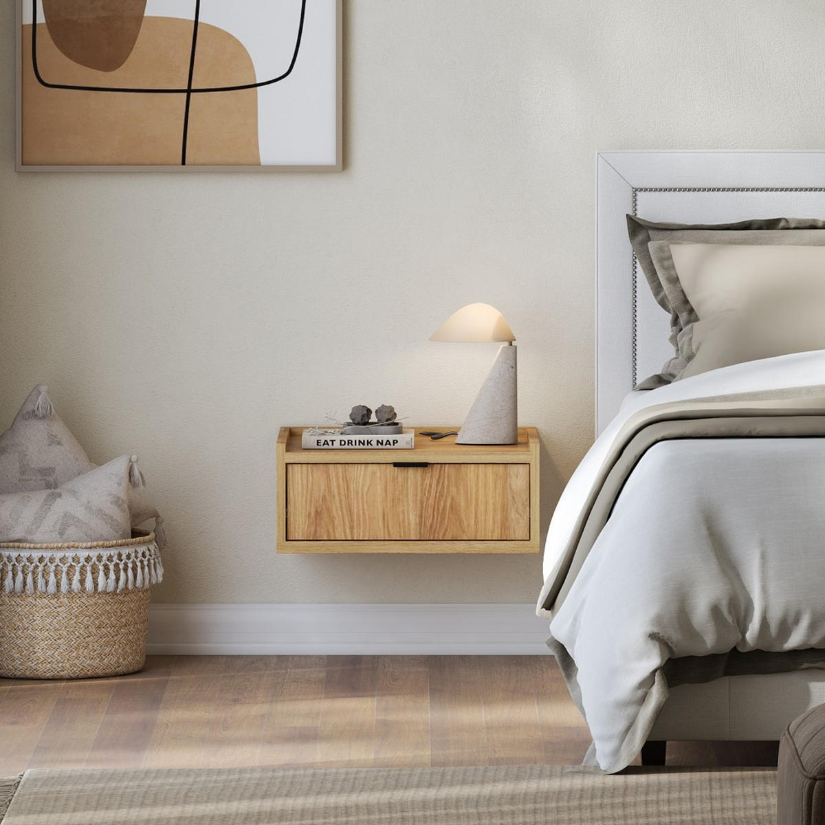 NACHTTISCH Evron mit 1 Schublade, Hängender, Hikora Eiche - Eichefarben/Schwarz, Holzwerkstoff/Metall (51/21/40cm) - Beautysofa