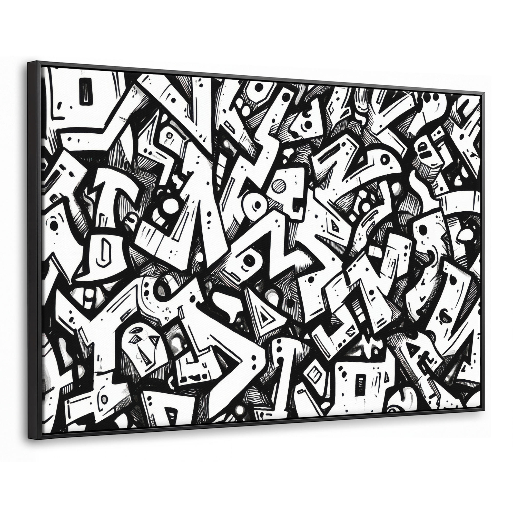 LEINWAND Bilder mit Rahmen - Formen - Buchstaben - Graffiti - Schwarz - 140x90 - Schwarz, Textil (140/90cm) - MuchoWow