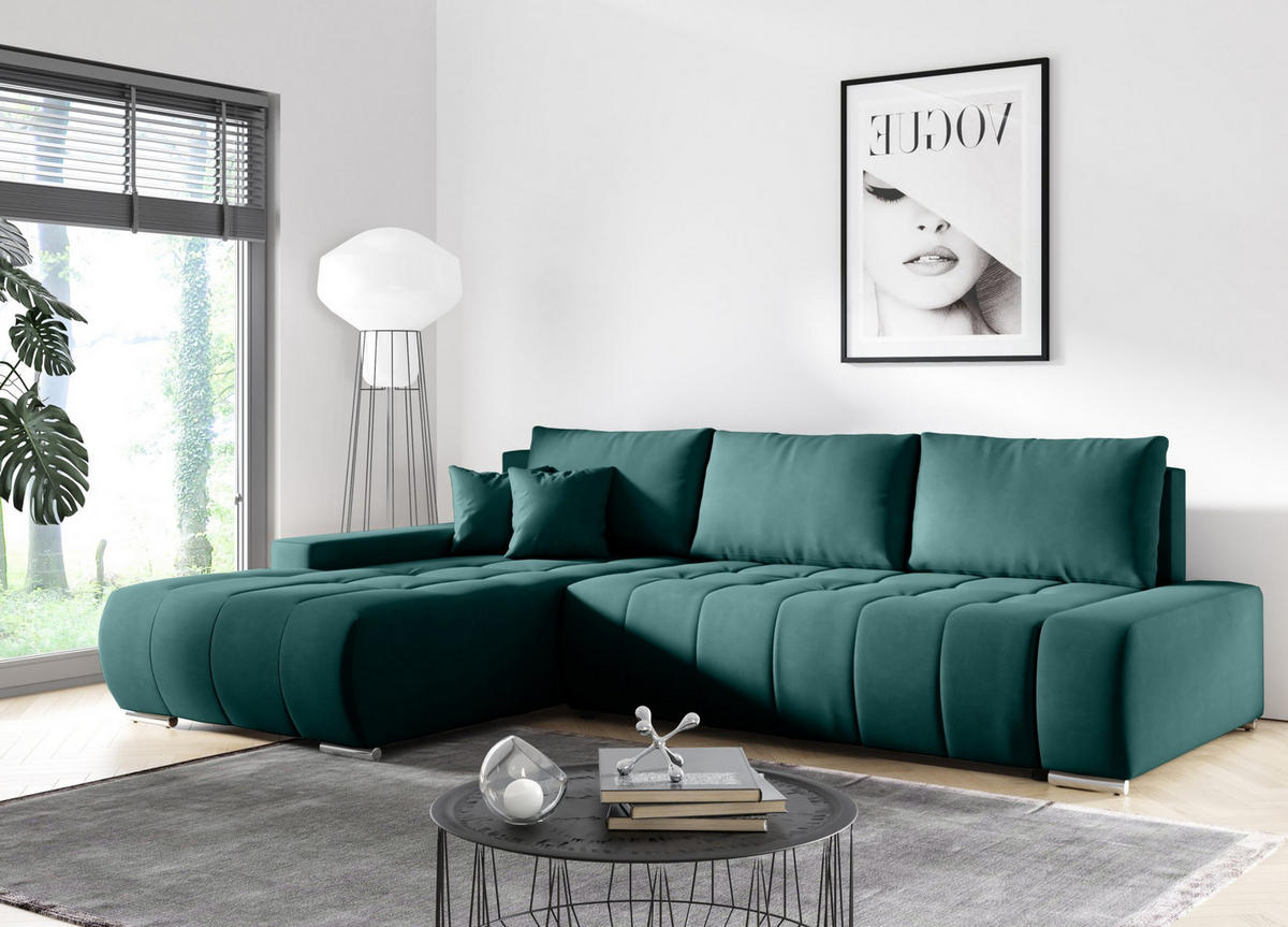 ECKSOFA mit Schlaffunktion Dhaka L, Flaschengrün - Grün, Textil (185/265cm) - Fedve