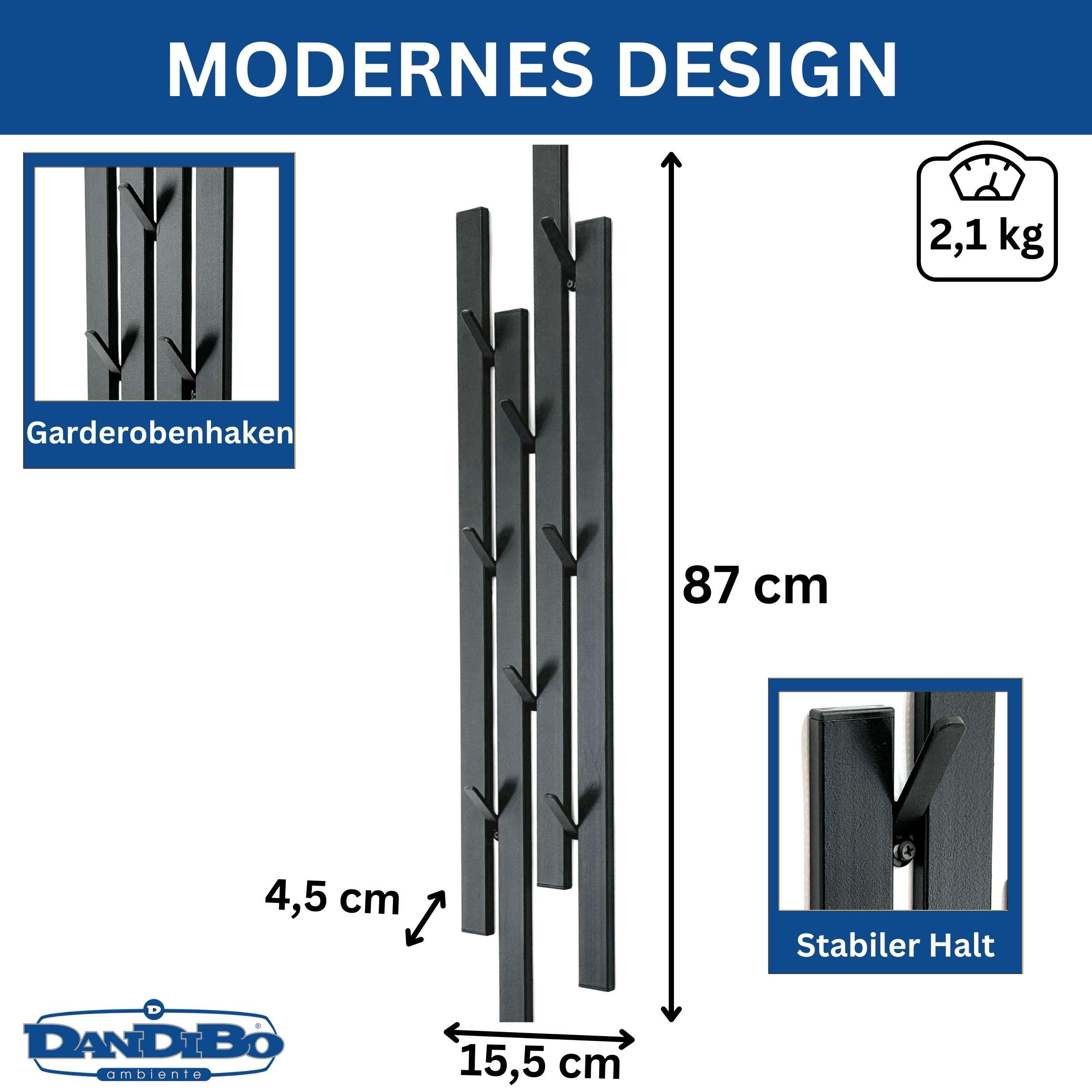 WANDGARDEROBE Schwarz Metall mit 8 Haken - Schwarz, Metall (15.5/87/4.5cm) - DanDiBo