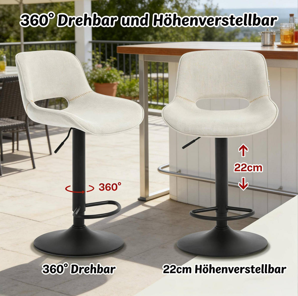 BARHOCKER 2er-Set höhenverstellbar, drehbar, 49 cm, Beige - Beige, Metall (49/106/49cm) - Meubliv
