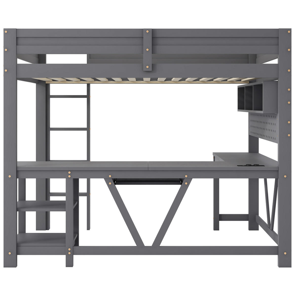 HOCHBETT aus Kiefernholz und MDF 90x200 cm Grau mit Schreibtisch, LED-Beleuchtung und Ladestation - Grau, Holzwerkstoff (90/200cm) - IVMEU