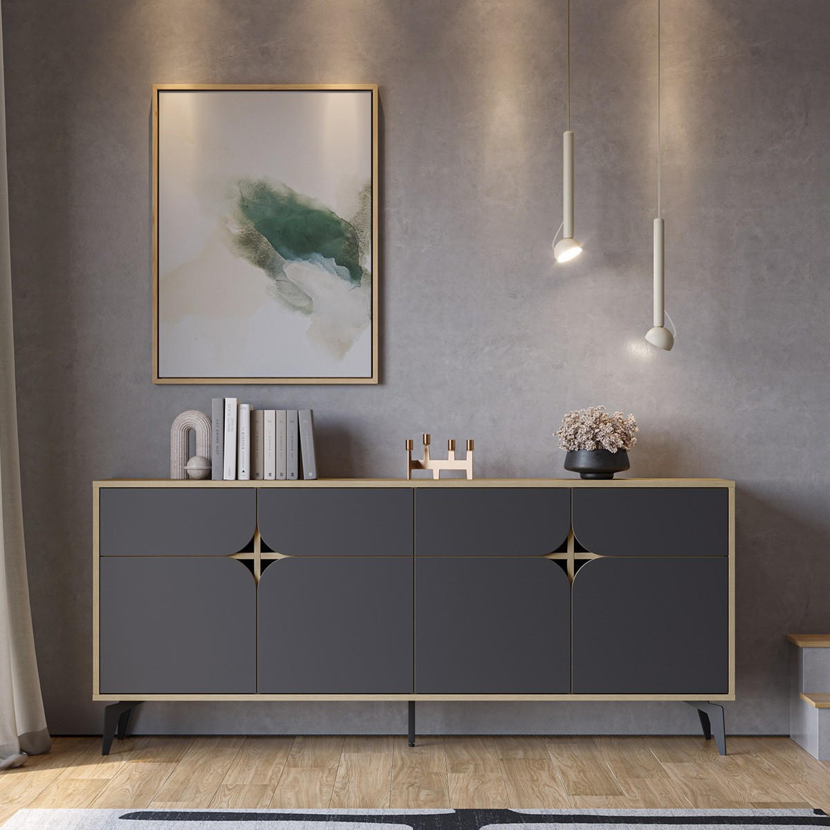 SIDEBOARD 4 Türen mit Metallfüßen B185 cm - FLORA - Eschefarben, Holzwerkstoff (40/79/185cm) - Calicosy