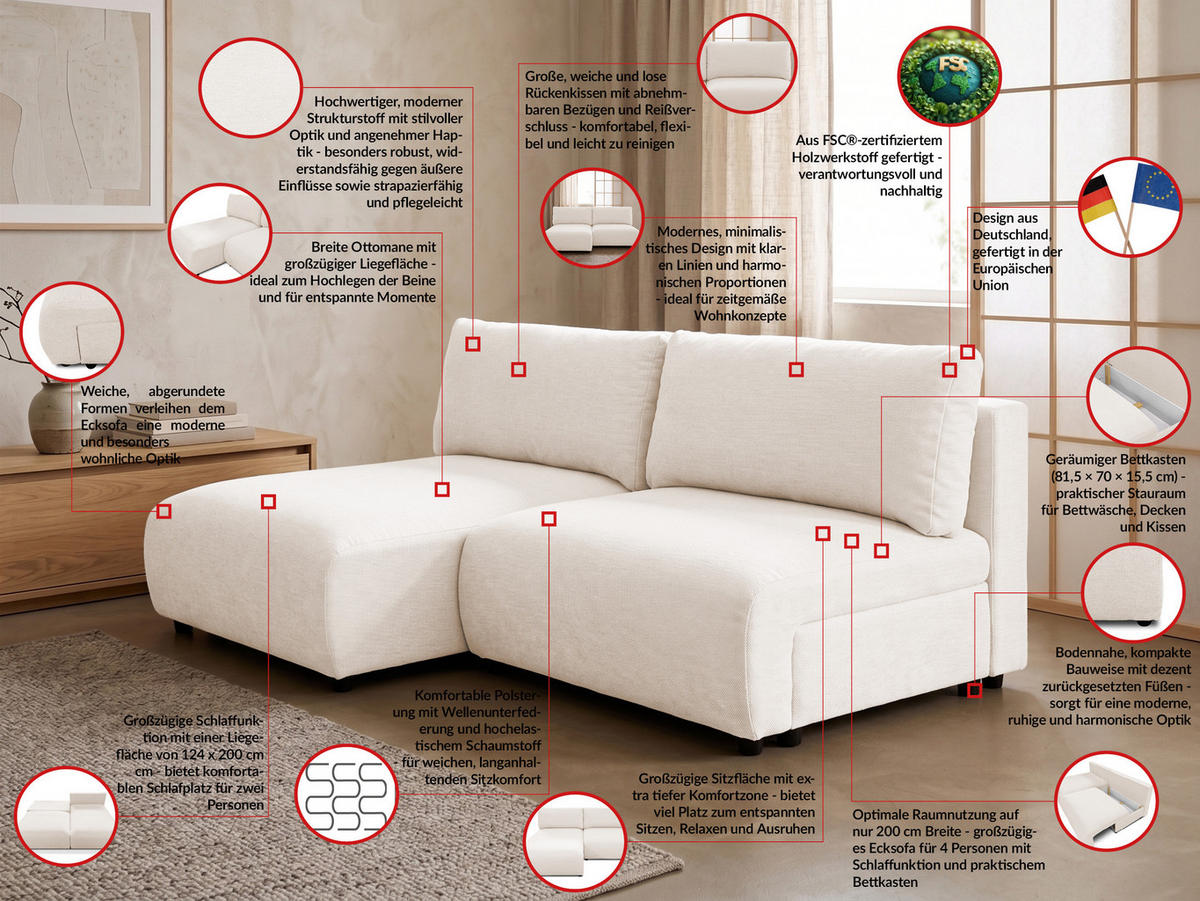 ECKSOFA Sora mit Schlaffunktion, Bettkasten und extra tiefer Komfortzone aus hochwertigem Creme Strukturstoff - Creme/Schwarz, Holz/Kunststoff (140/200cm) - S-Style