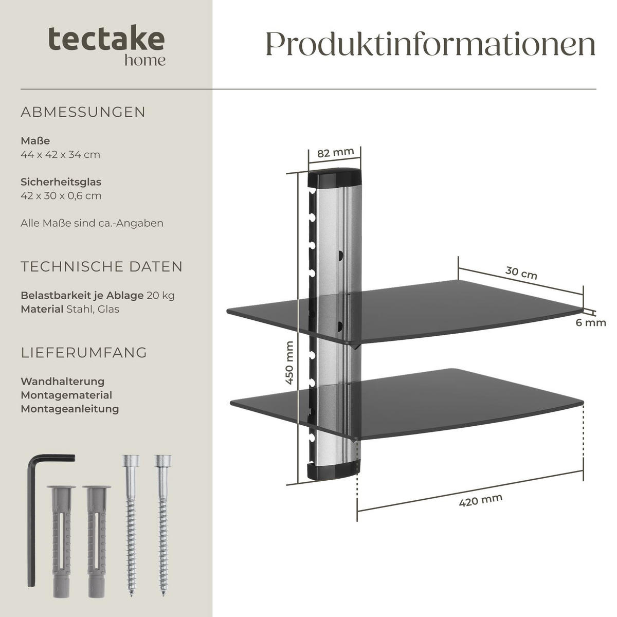 WANDREGAL , 44 x 42 x 34 cm, schwarz - Schwarz, Metall (34/44/42cm) - tectake