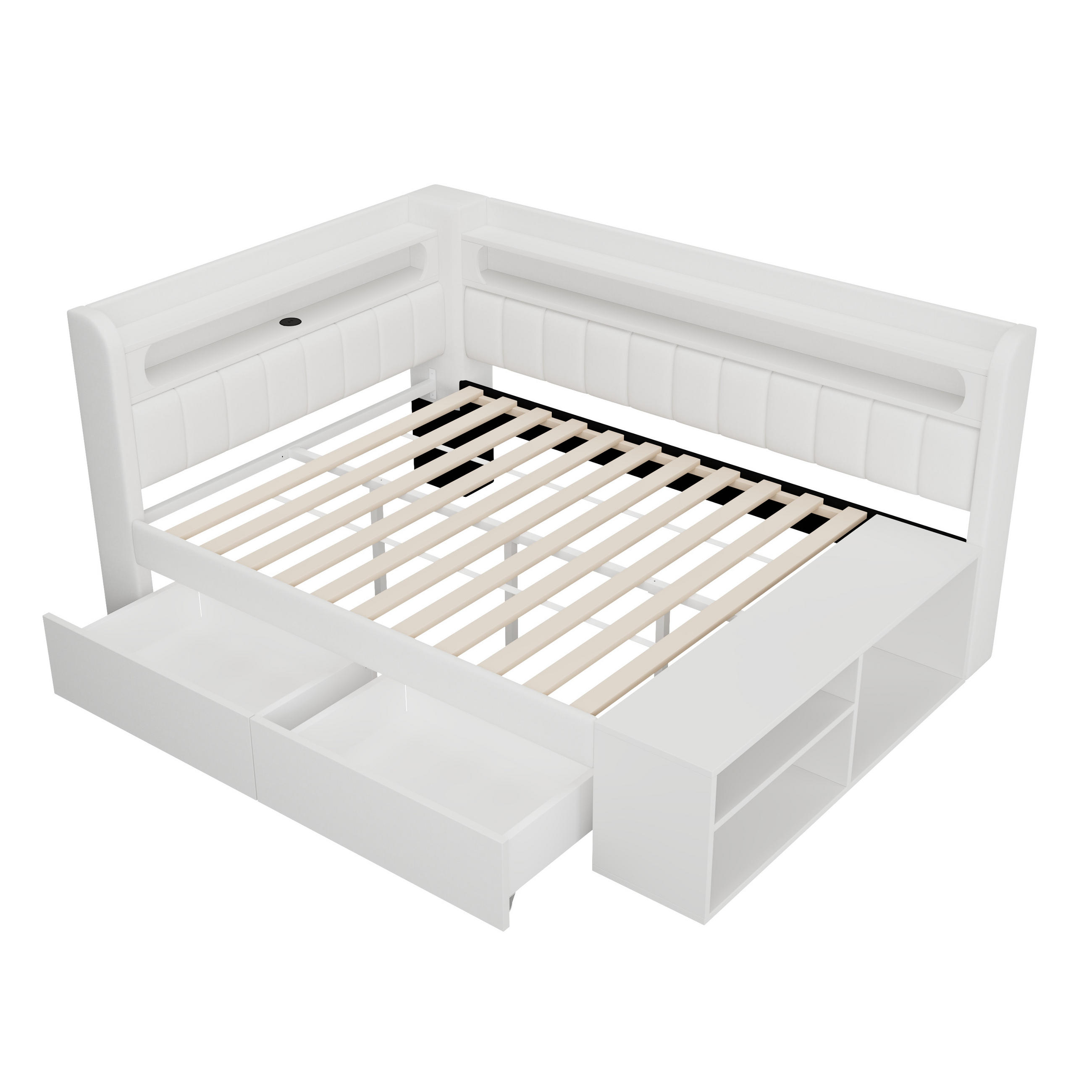STAURAUMBETT 90/200 cm DE-03405, mit USB, LED, Schuhschrank und zwei Schubladen, in Weiß - Weiß, Holzwerkstoff (90/200cm) - ComfortXL