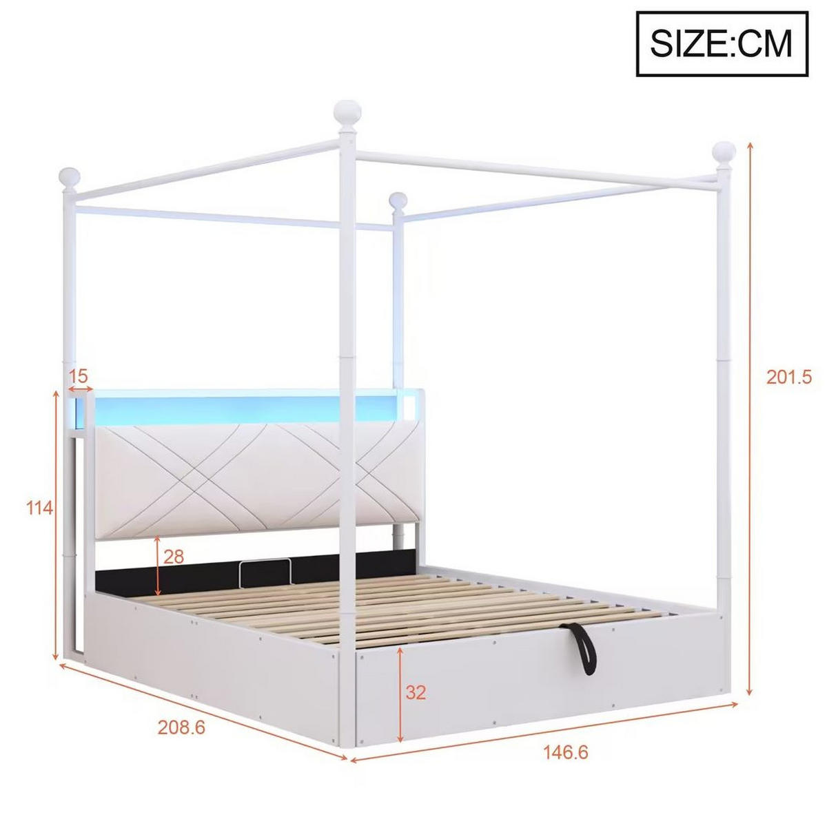 JUGENDBETT Himmelbett 140/190 cm aus Metall mit LED USB-C und Bettkasten Weiß - Weiß, Metall (140/190cm) - Modenvie