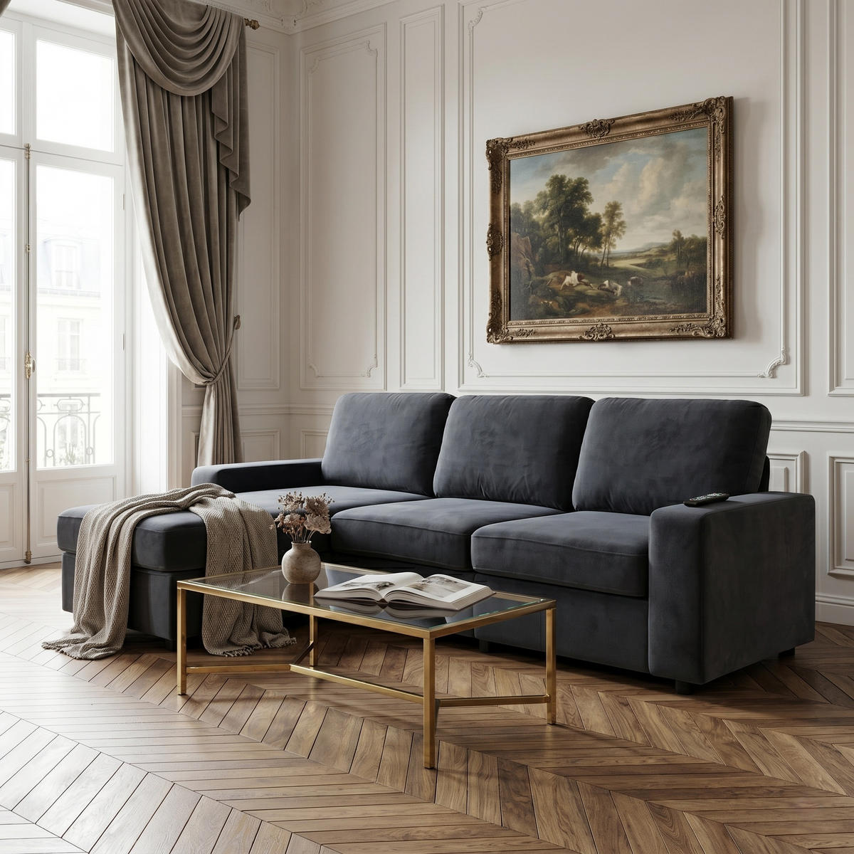 ECKSOFA Polyester Dunkelgrau mit Ottomane und Stauraum - Dunkelgrau, Holzwerkstoff/Textil (245.5/150.5cm) - WISHDOR