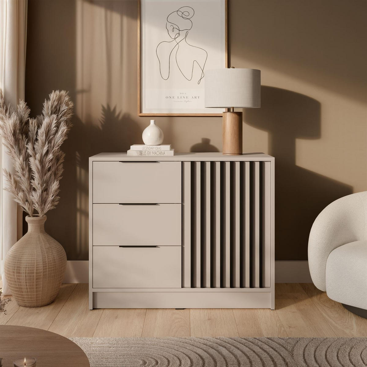 KOMMODE NELA mit Lamellen, Kaschmir/Schwarz - Kaschmir, Holzwerkstoff (105/86/45cm) - Lookway