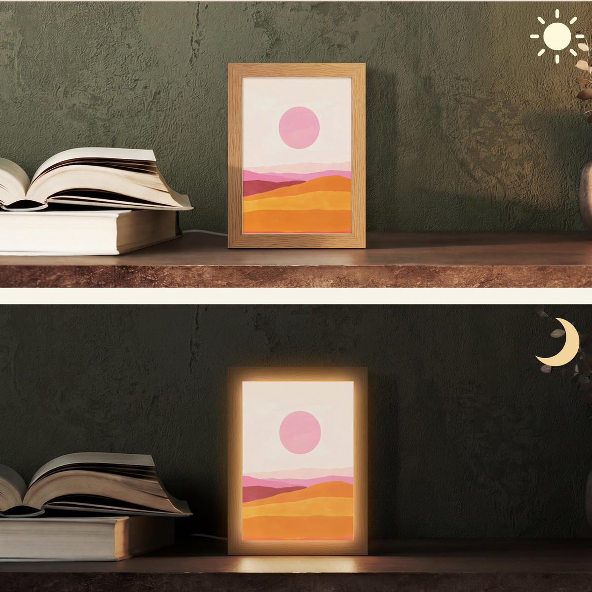 STOLNÍ LAMPA Kopce - oranžová - slunce - abstraktní 15x20 cm - chromová, kompozitní dřevo (8/15/20cm) - OnlyWow