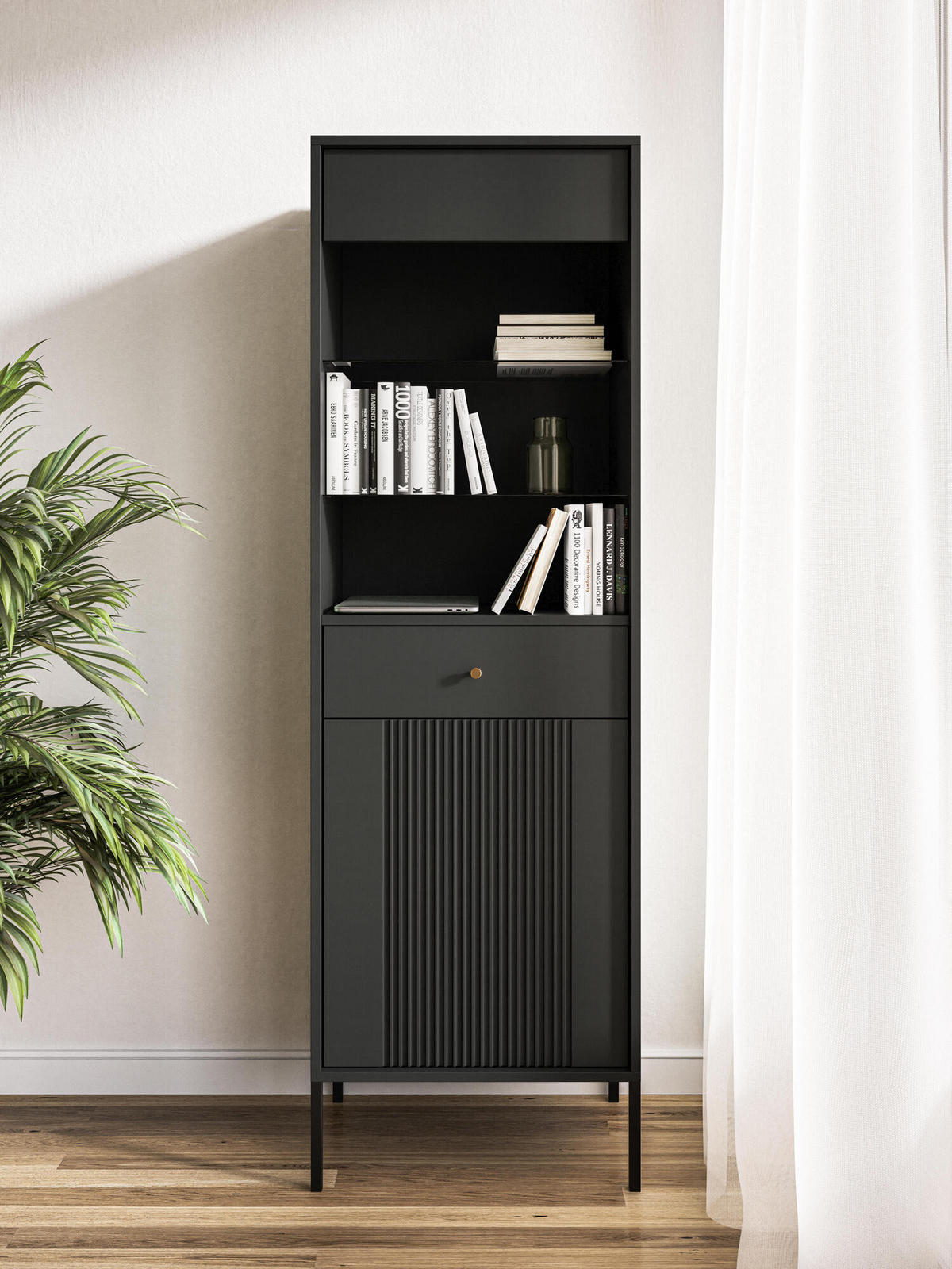 VITRINE ISEO Schwarz 54x39x180 cm - Schwarz, Holzwerkstoff (54/180/39cm) - FURNLUX