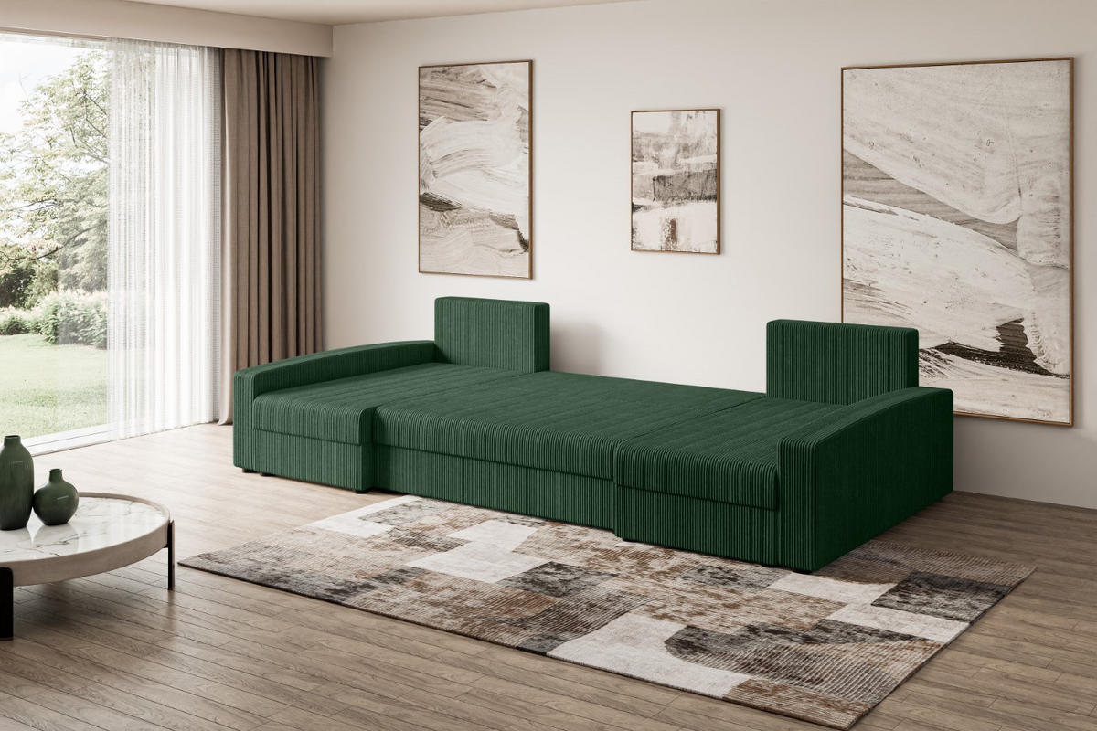 WOHNLANDSCHAFT mit Schlaffunktion und Bettkasten ALESIA-U 301x140x90 cm Grün Cord - Silberfarben/Grün, Holzwerkstoff/Kunststoff (301/90/140cm) - ALTDECOR