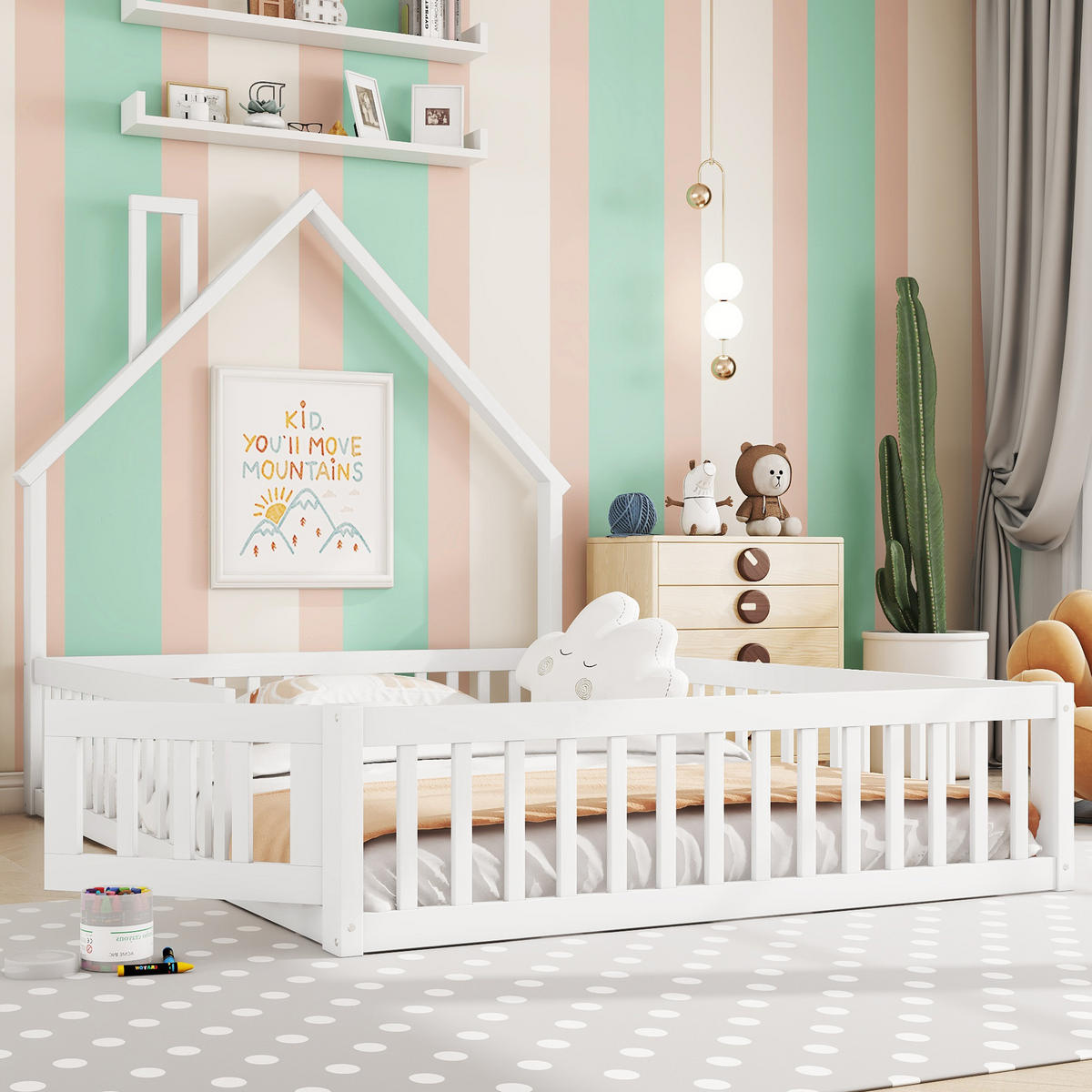 POLSTERBETT 140/200 cm Weiß Kinderbett mit Schornsteinform aus Kiefernholz - Weiß, Holz (140/200cm) - OKWISH