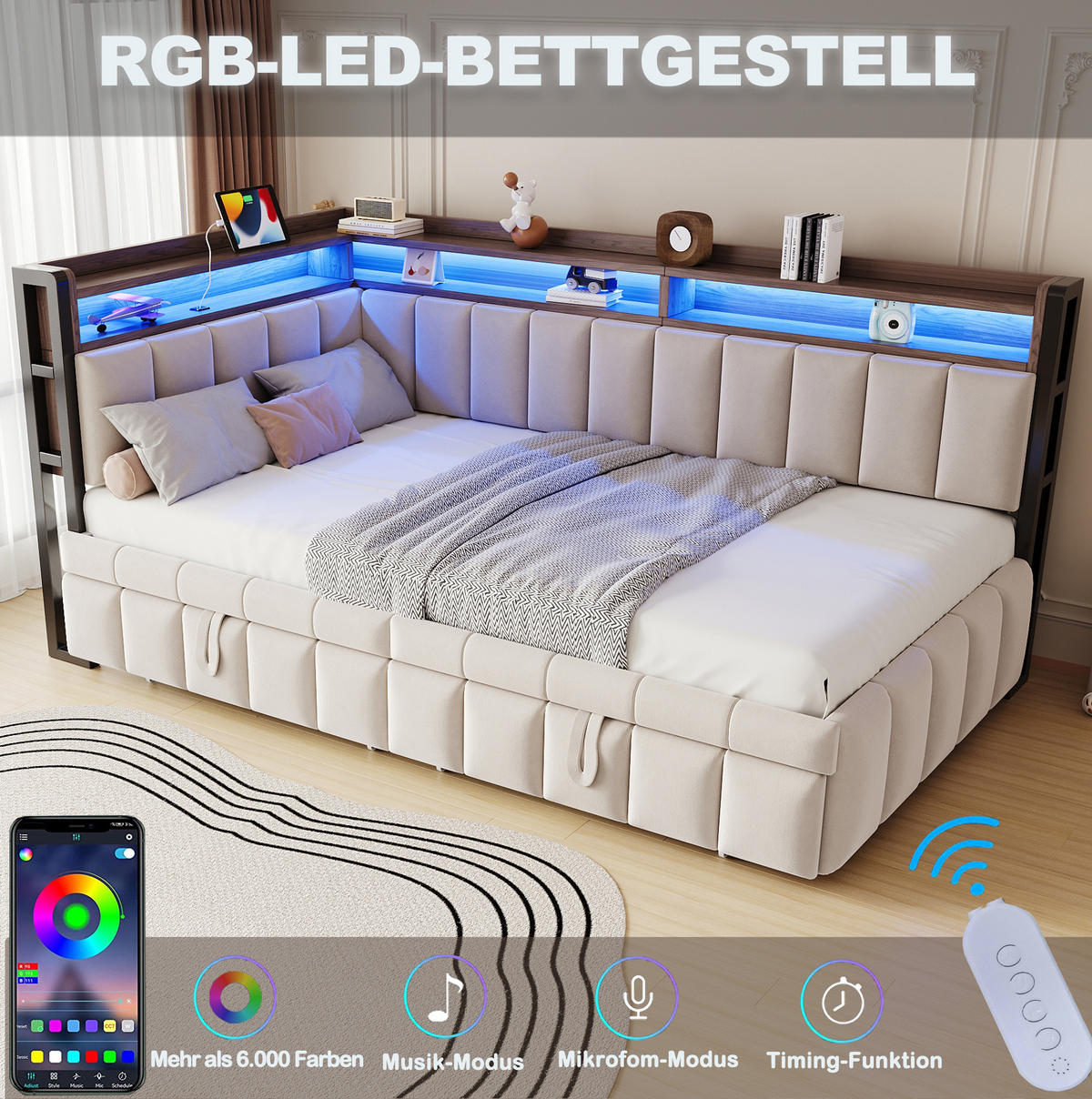 POLSTERBETT Schlafsofa aus Samt 90x200 cm Beige mit Ausziehbett, LED-Beleuchtung, USB- und Typ-C-Anschlüssen - Beige, Textil (90/200cm) - Modfu