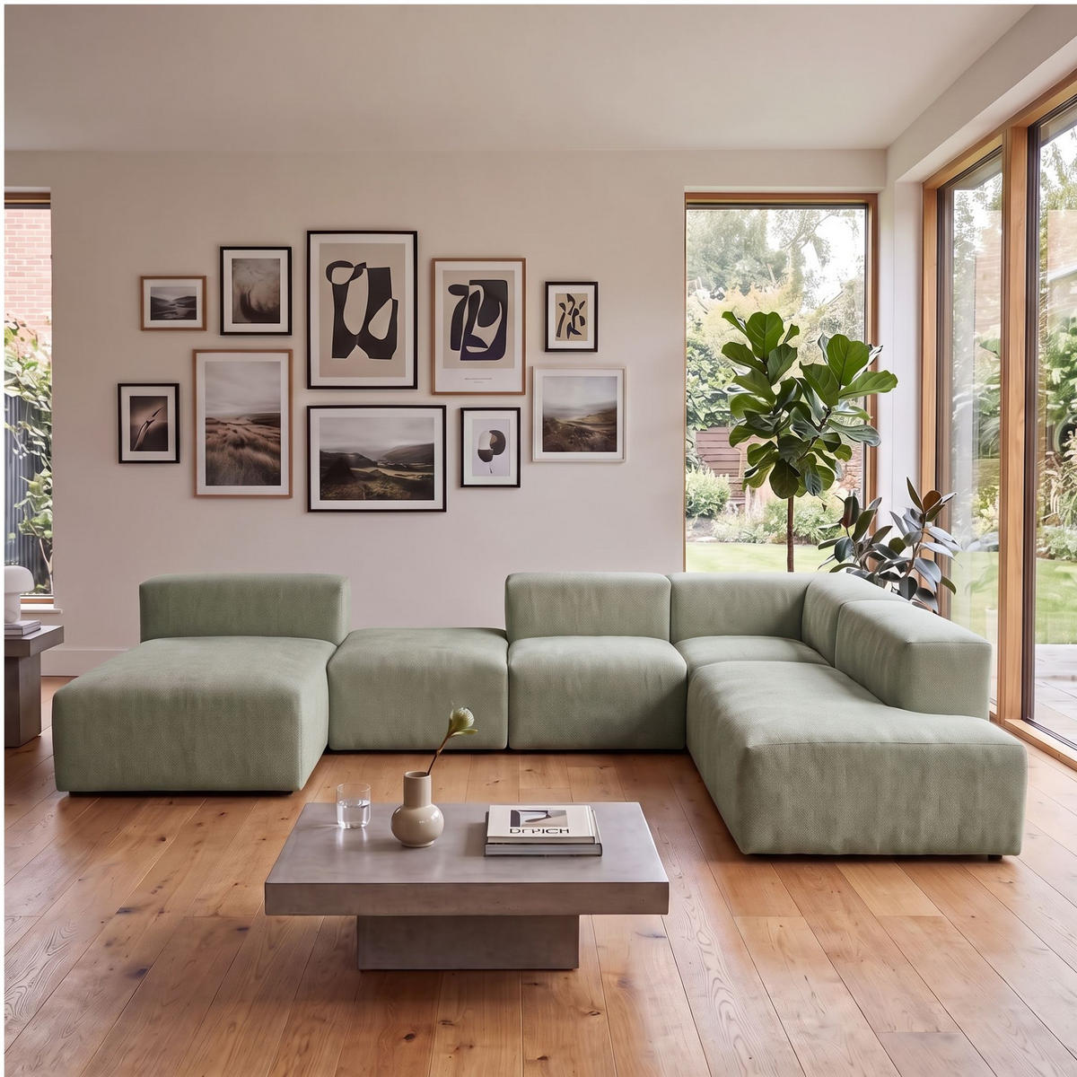 5-SITZER modulares Wohnlandschaft U XXL HEAVEN SET 6 Rechts, Breite 375 cm Webstoff Grün - Schwarz/Grün, Holz/Kunststoff (245/73/375cm) - Muffo