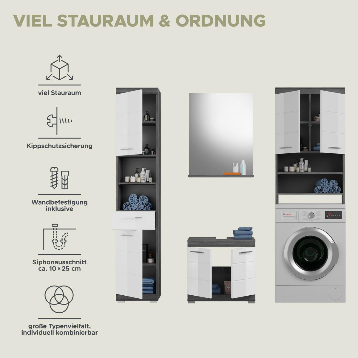 BADKOMBINATION 4tlg. Scout Bad in Rauchsilber Nachbildung und weiß hochglanz B/H/T: 190x191x34 cm - Anthrazit, Holz (190/191/34cm)