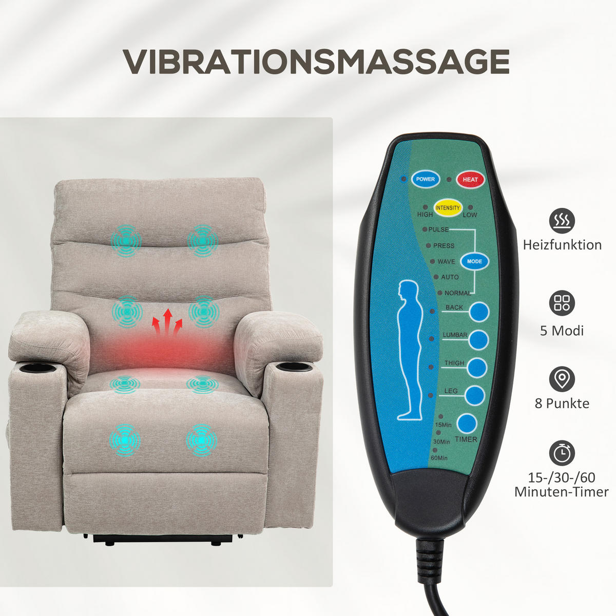 FERNSEHSESSEL mit Aufstehhilfe Elektrisch Relaxsessel mit Vibrationsmassage - Braun, Kunststoff (93/102/101cm) - HOMCOM
