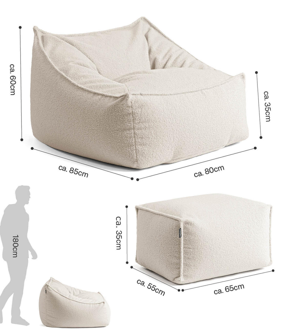 SITZSACK Bouclé Snug mit Hocker - Beige, Textil (150/75/60cm) - Mokebo