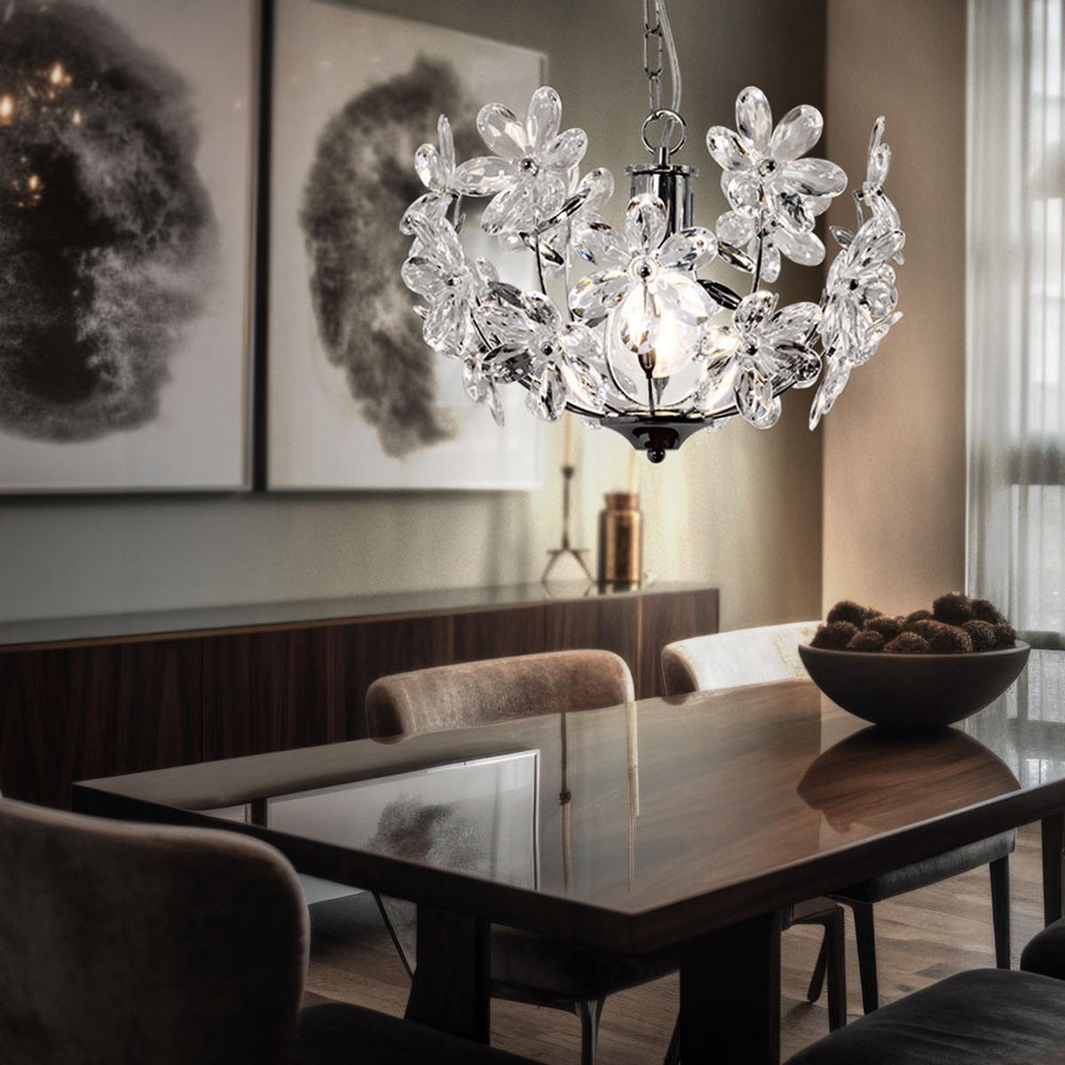 LED HÄNGELEUCHTE Chrom Klar Blüten Design - Klar, Metall (34/34/87cm) - Globo Lighting