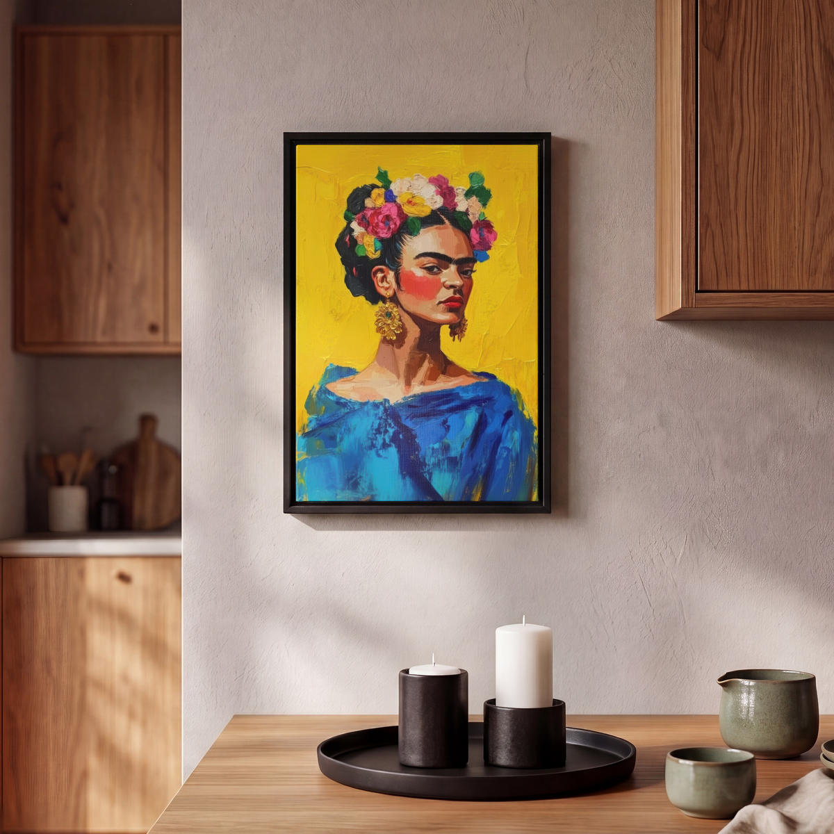 LEINWAND Bilder mit Rahmen - Frida Kahlo - Frau - Gelb - Blau - Blumen - 20x30 - Gelb, Textil (20/30cm) - MuchoWow