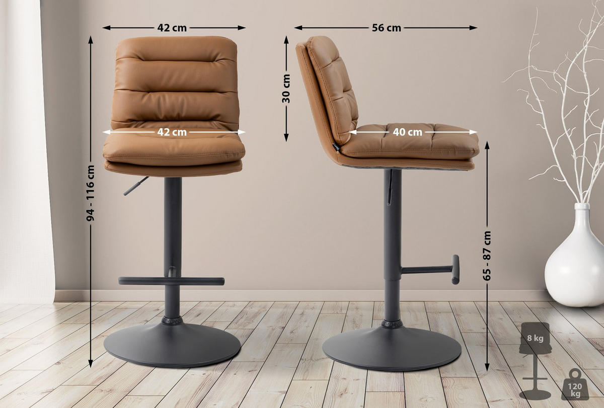 BARHOCKER Damar 94-116x42x56 cm hellbraun - Hellbraun, Leder (42/94/56cm) - furnicato