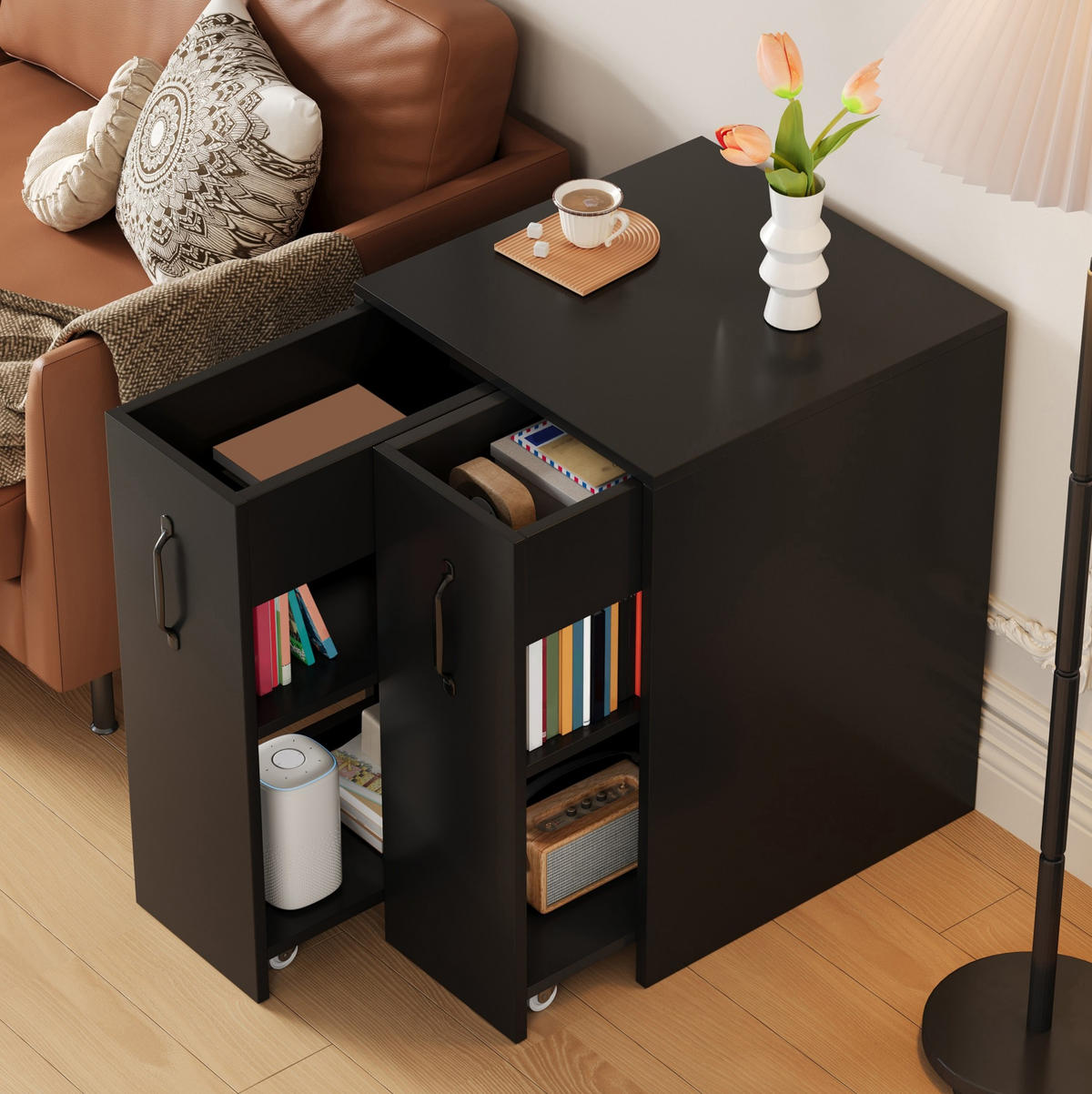 SIDEBOARD 52/50/75 cm in Schwarz mit Rollen und ausziehbaren Modulen - Schwarz, Holzwerkstoff (52/75/50cm) - Flora Grace