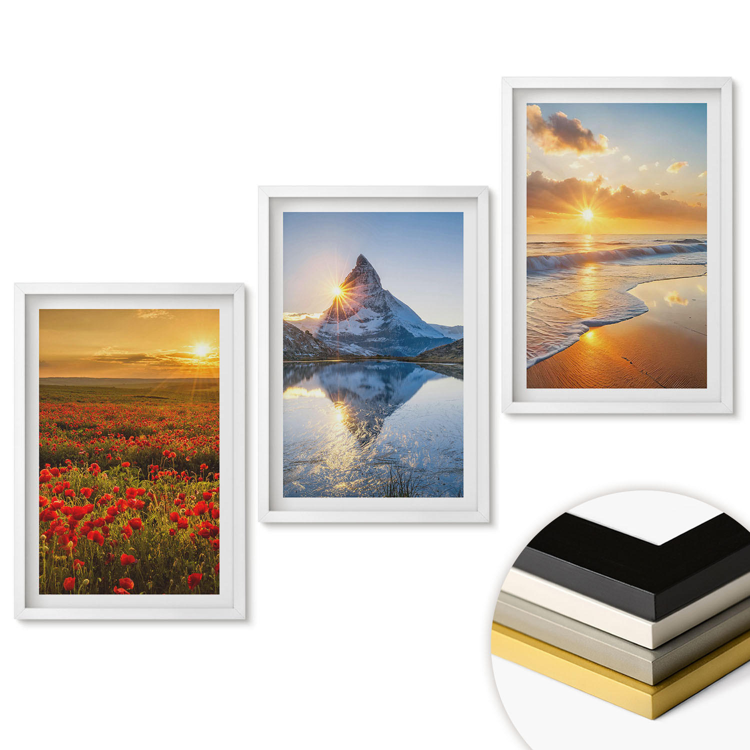 WANDBILDER 3er-Set - 40x60 cm Weißer Rahmen - Landschaften aus Bergen und Meeren im Westen - Weiß, Kunststoff (40/60cm) - ArtPrintCave