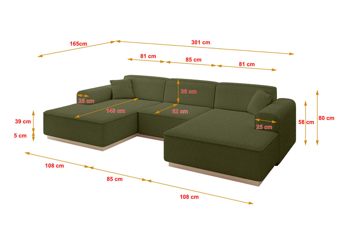 WOHNLANDSCHAFT IREA-U1 - 301x165x80 cm Grün - Platinfarben/Olivgrün, Holzwerkstoff/Textil (301/80/165cm) - ALTDECOR