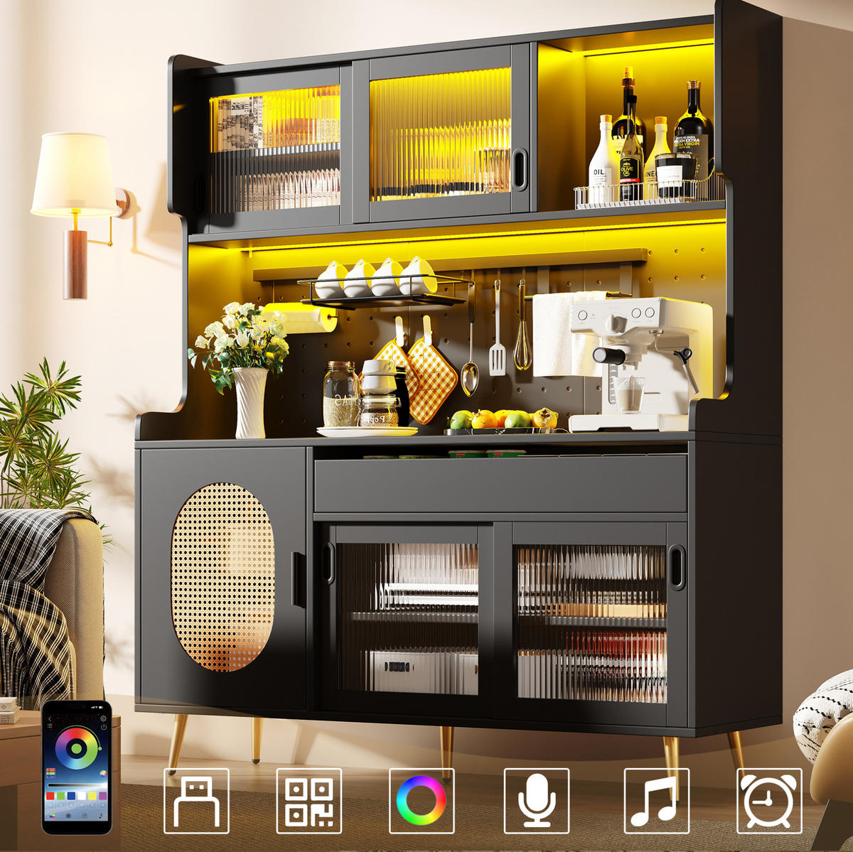BUFFETSCHRANK 145/39/171 cm schwarz aus MDF mit LED-Lichtleiste - Schwarz, Holzwerkstoff (145/171/39cm) - OKWISH