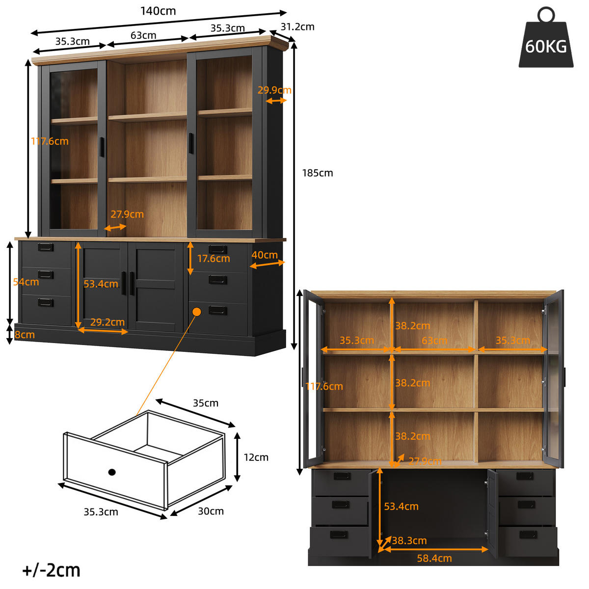 KÜCHENSCHRANK 140x185Cm 6 Schubladen Glastüren - Schwarz, Holzwerkstoff (140/185/40cm) - FLIEKS