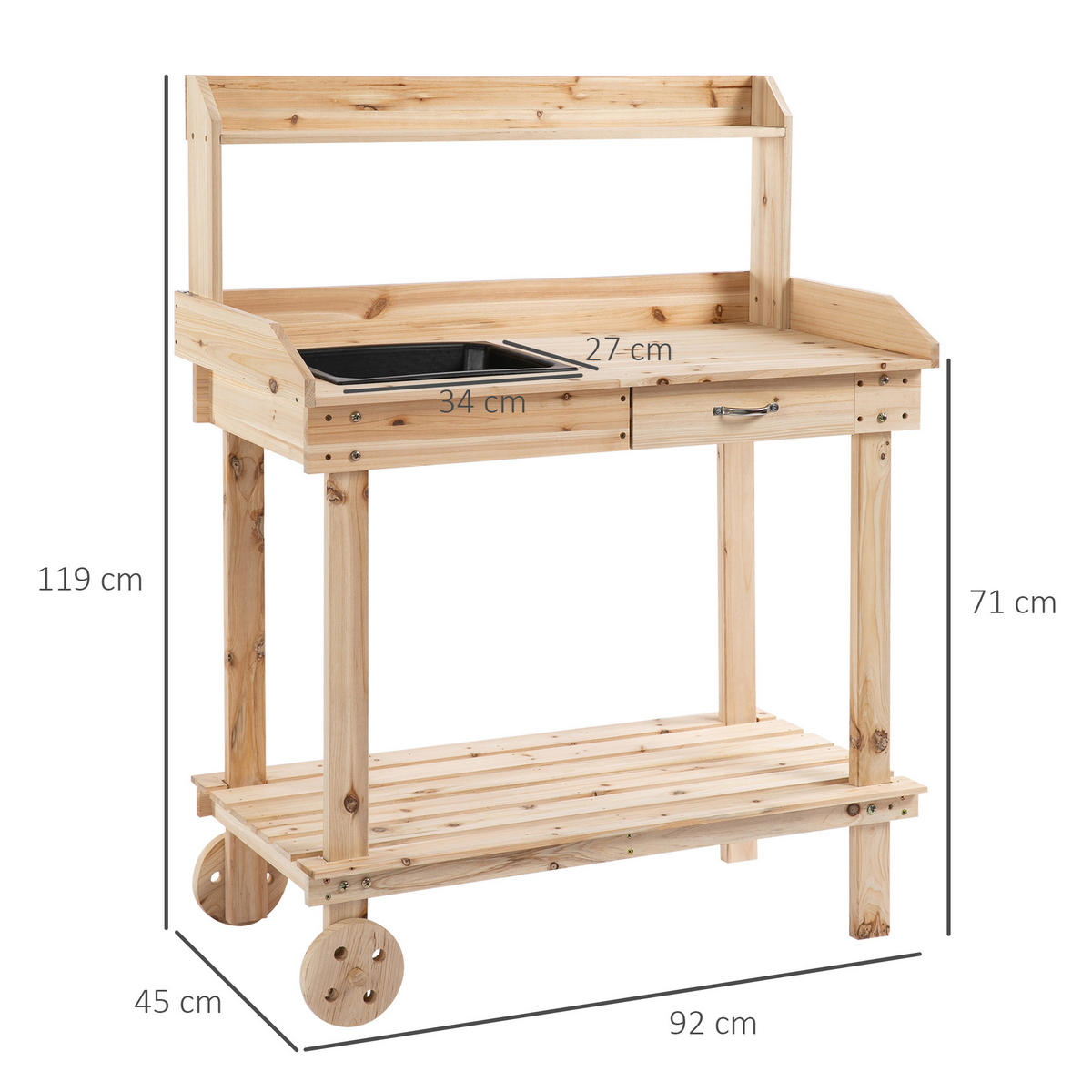 PFLANZTISCH mit Schublade, Gärtnertisch mit Waschbecken und Rollen, Tannenholz, Natur - Fichtefarben, Holz (92/45/119cm) - Outsunny