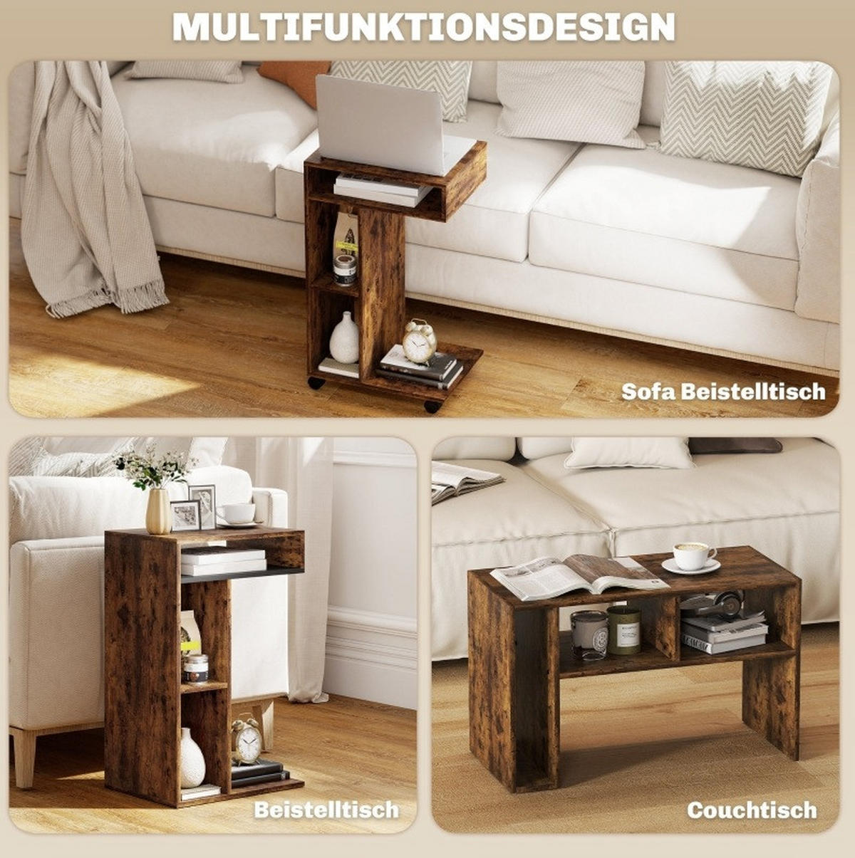 BEISTELLTISCH 40/30/69 cm mit 3 Fächern, 4 Rollen und C-Form in Holzoptik, Rustikalbraun - Braun, Holz (40/30/69cm) - Redom
