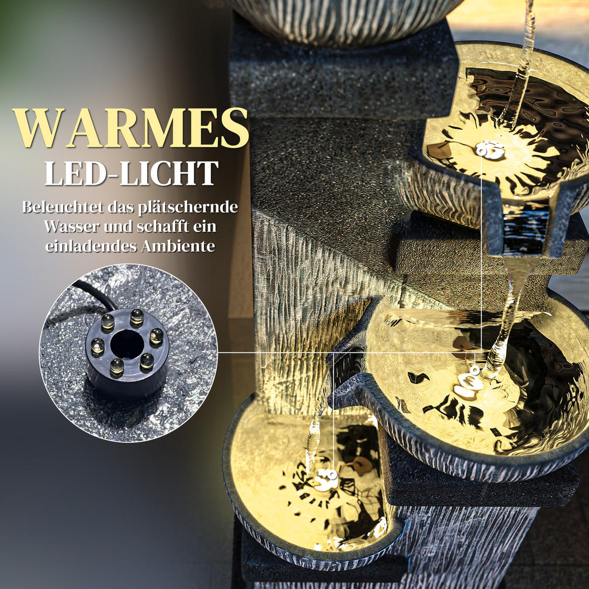 ZIERBRUNNEN DE-10204 4-stufiger Wasserfall mit LED-Beleuchtung Grau - Grau, Kunststoff (38/36/85cm) - ComfortXL