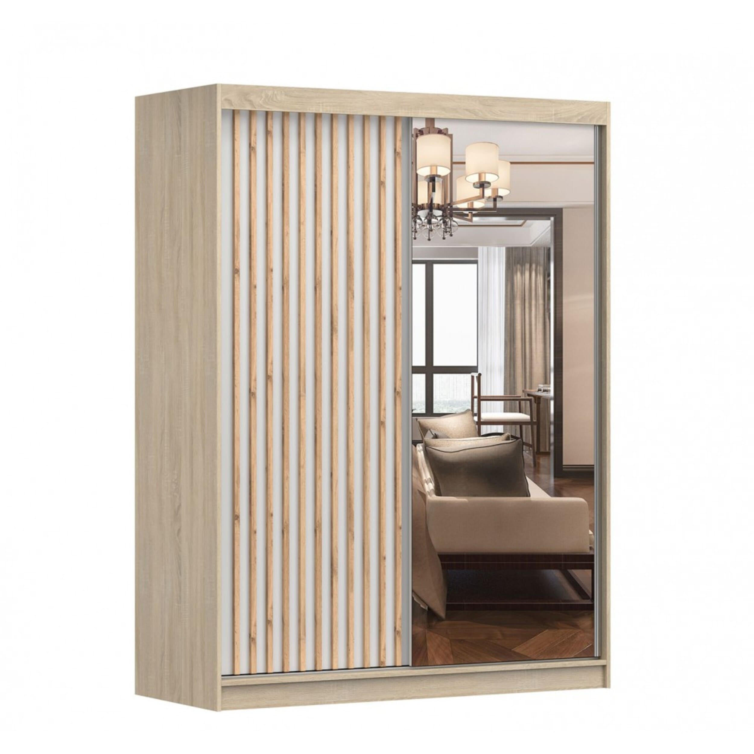 SCHIEBETÜRENSCHRANK - LABI B1 (Sonoma + Weiß) - Weiß/Sonoma Eiche, Holzwerkstoff/Metall (150/200/61cm) - Möblo