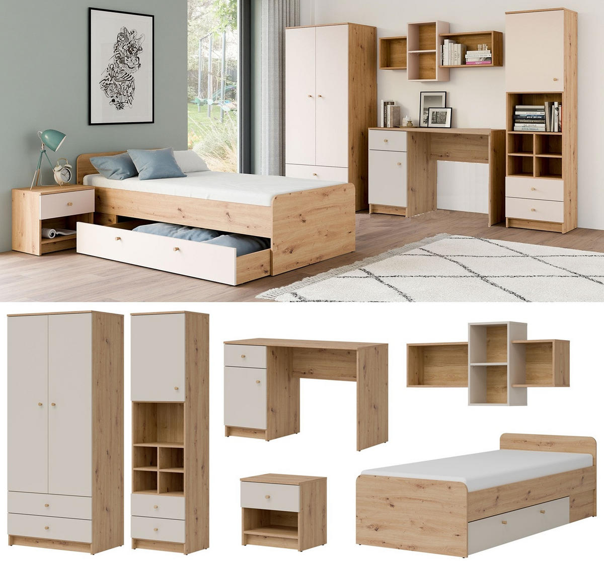 JUGENDZIMMER Trey Set C - 6-teilig - Kaschmir/Eiche Artisan, Holz/Holzwerkstoff (79/188/54cm) - QMM TraumMöbel