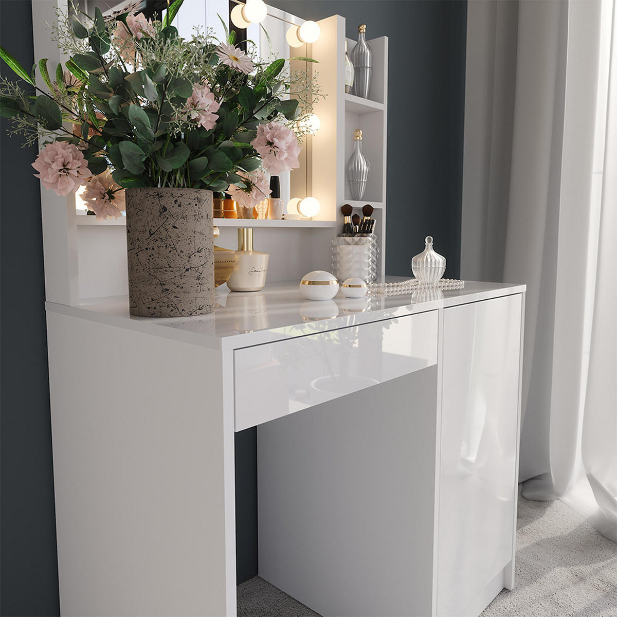 SCHMINKTISCH Sherry Weiß/Weiß Hochglanz 89.8 cm 4 Teile - Weiß Hochglanz, Holzwerkstoff (89.8/76/50.1cm) - Vicco