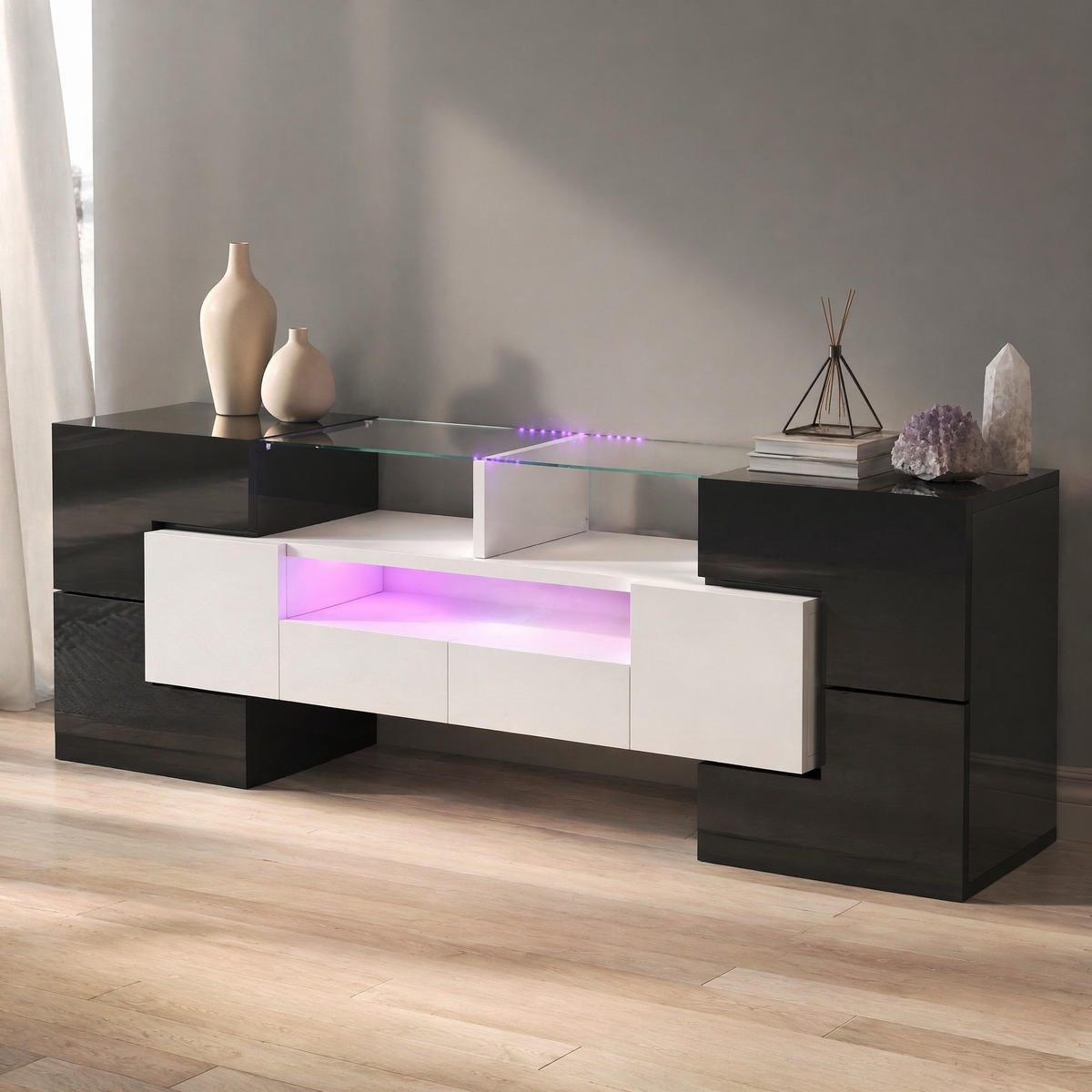 LOWBOARD in Weiß und Schwarz mit LED und Glasoberfläche für Wohnzimmer, 145/B30/H51cm - Schwarz/Weiß, Glas/Holzwerkstoff (145/51/30cm) - STILVORA