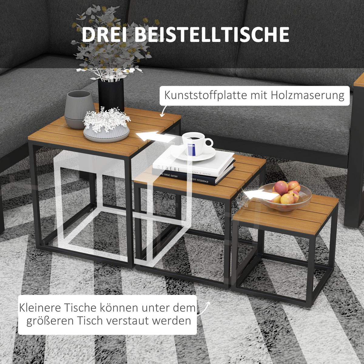 GARTENMÖBEL-SET, mit Ecksofa, Couchtisch, mit Sitzkissen, Aluminium, Kunststoff, Grau - Dunkelgrau, Kunststoff/Metall - Outsunny