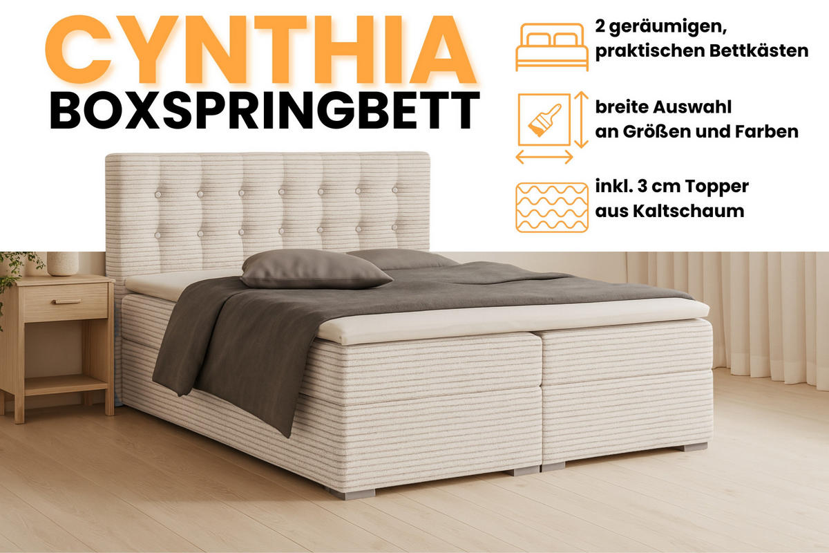 BOXBETT CYNTHIA 160/200 in Cord Ecru H3 - Ecru, Holz/Holzwerkstoff (160/200cm) - Deine Möbel 24