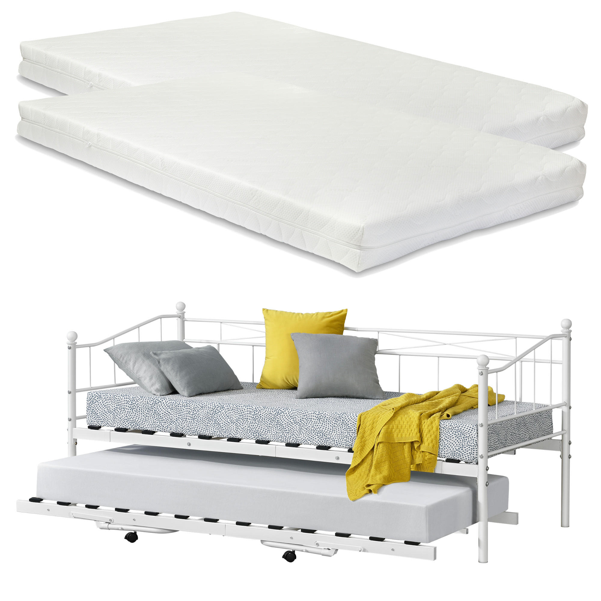 TAGESBETT Skutskär mit 2 Matratzen - Weiß, Textil/Metall (90/200cm) - [en.casa]