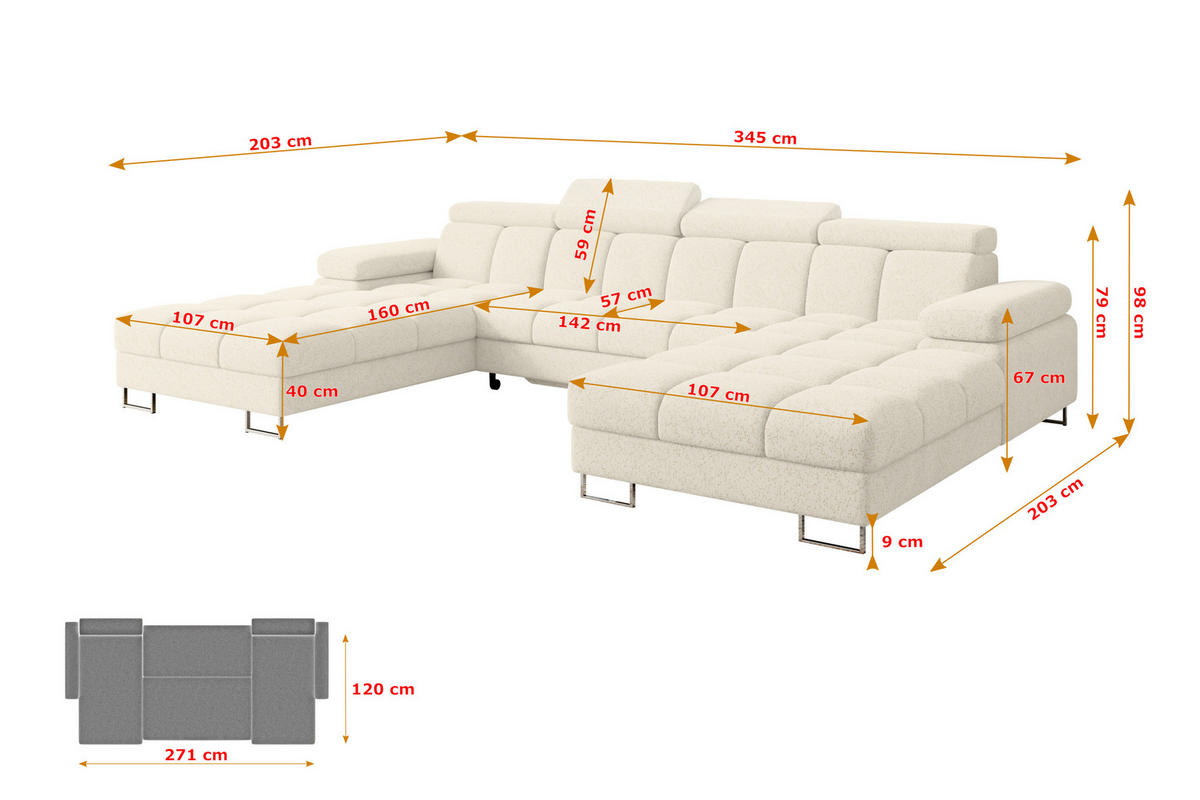 WOHNLANDSCHAFT mit Schlaffunktion und Bettkasten COMA U2 345x203x79 Creme Velours - Creme, Holzwerkstoff/Textil (345/79/203cm) - ALTDECOR
