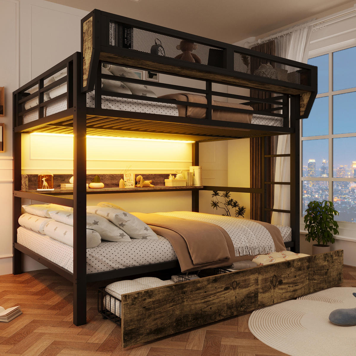 ETAGENBETT 140/200 cm in Schwarz mit LED, Regal, Körben und Schubladen - Schwarz, Holzwerkstoff/Metall (140/200cm) - WISHDOR