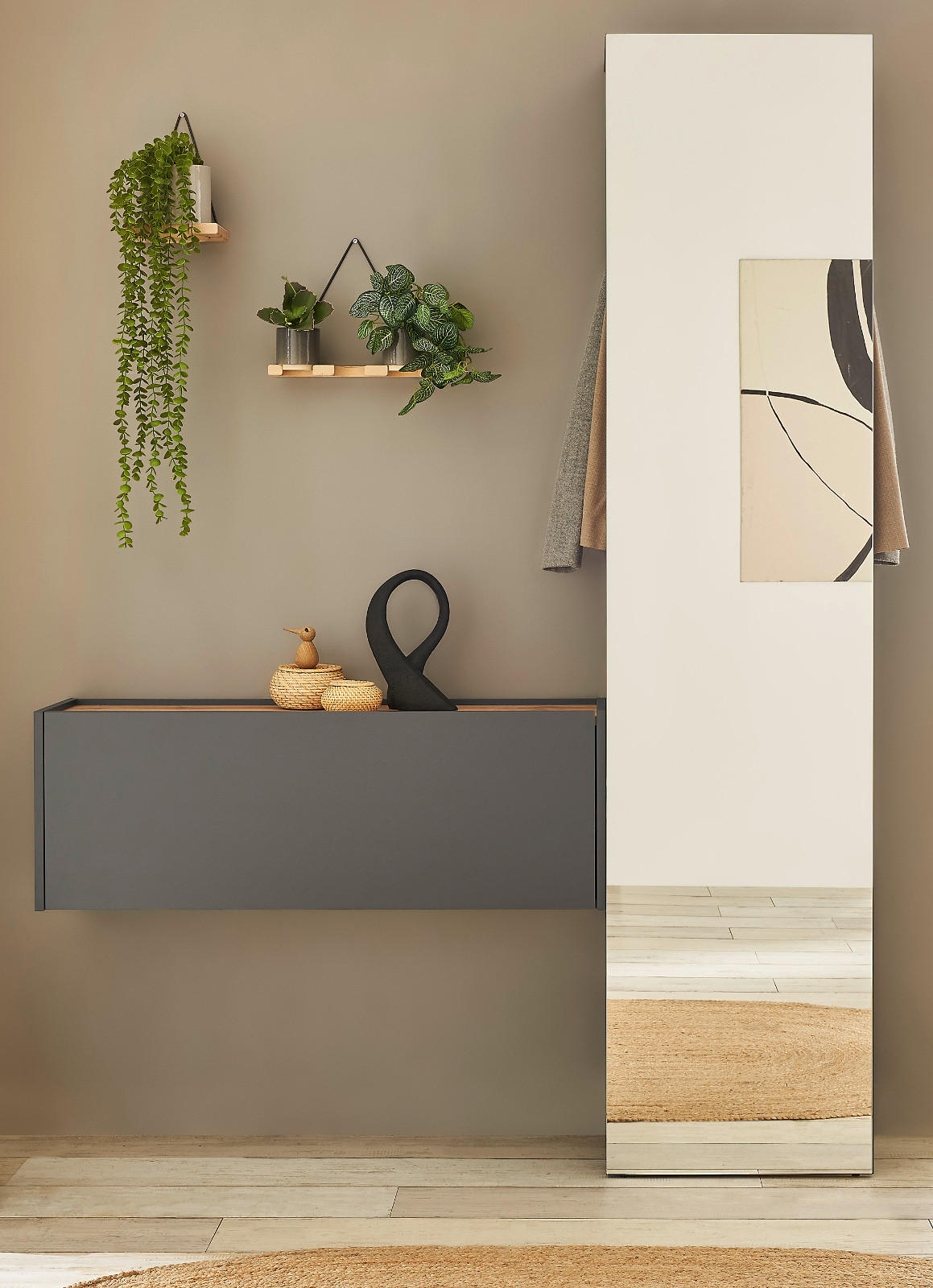 GARDEROBEN-SET 2-teilig grau matt, Eiche Wotan 150 cm, Flurgarderobe mit Spiegel - Eiche Wotan/Grau, Glas/Holzwerkstoff (150/200/30cm) - Furn.Design