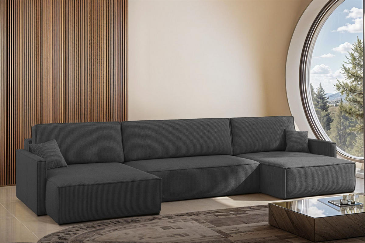 WOHNLANDSCHAFT Louis Scala - Dunkelgrau, Holzwerkstoff/Textil (348/83/142cm) - Fun Möbel