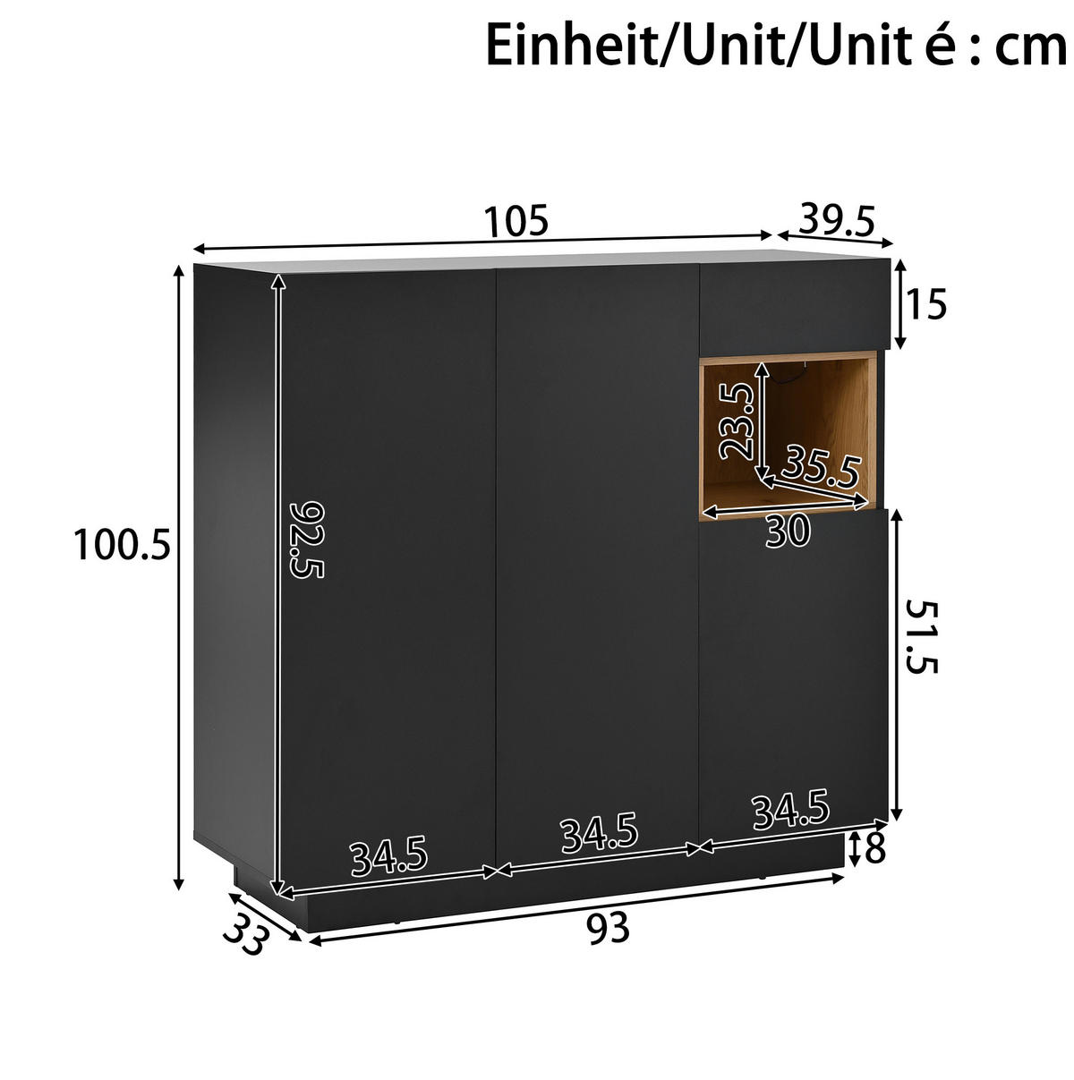 SCHUHSCHRANK aus Spanplatte 105x39,5x100,5cm in Schwarz mit LED-Beleuchtung - Schwarz, Holzwerkstoff (105/100.5/39.5cm) - Modfu
