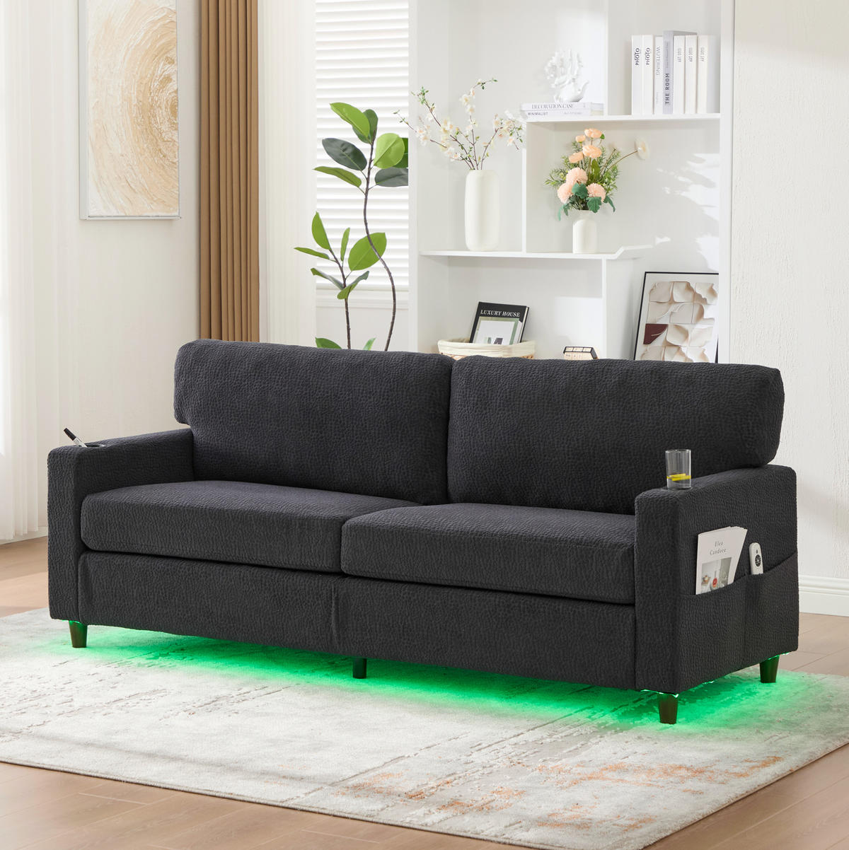 2-SITZER-SOFA aus Chenille 203x77,5x86 cm Dunkelgrau mit USB-C, LED, Getränkehaltern und Seitentaschen - Dunkelgrau, Textil (77.5/86/203cm) - Modfu