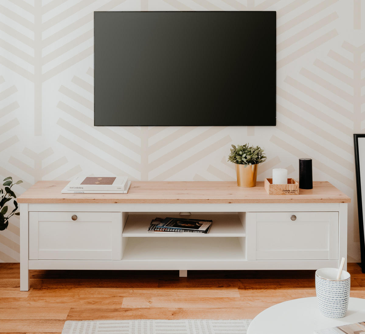 TV-LOWBOARD weiß, Eiche Artisan 160 cm Landhaus, TV-Unterteil mit 2 Schubkästen - Silberfarben/Weiß, Holzwerkstoff/Kunststoff (160/45/40cm) - Furn.Design