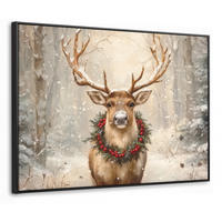 LEINWAND Bilder mit Rahmen - Weihnachten - Rentier - Winter - Kranz - 80x60 - Naturfarben, Textil (80/60cm) - MuchoWow