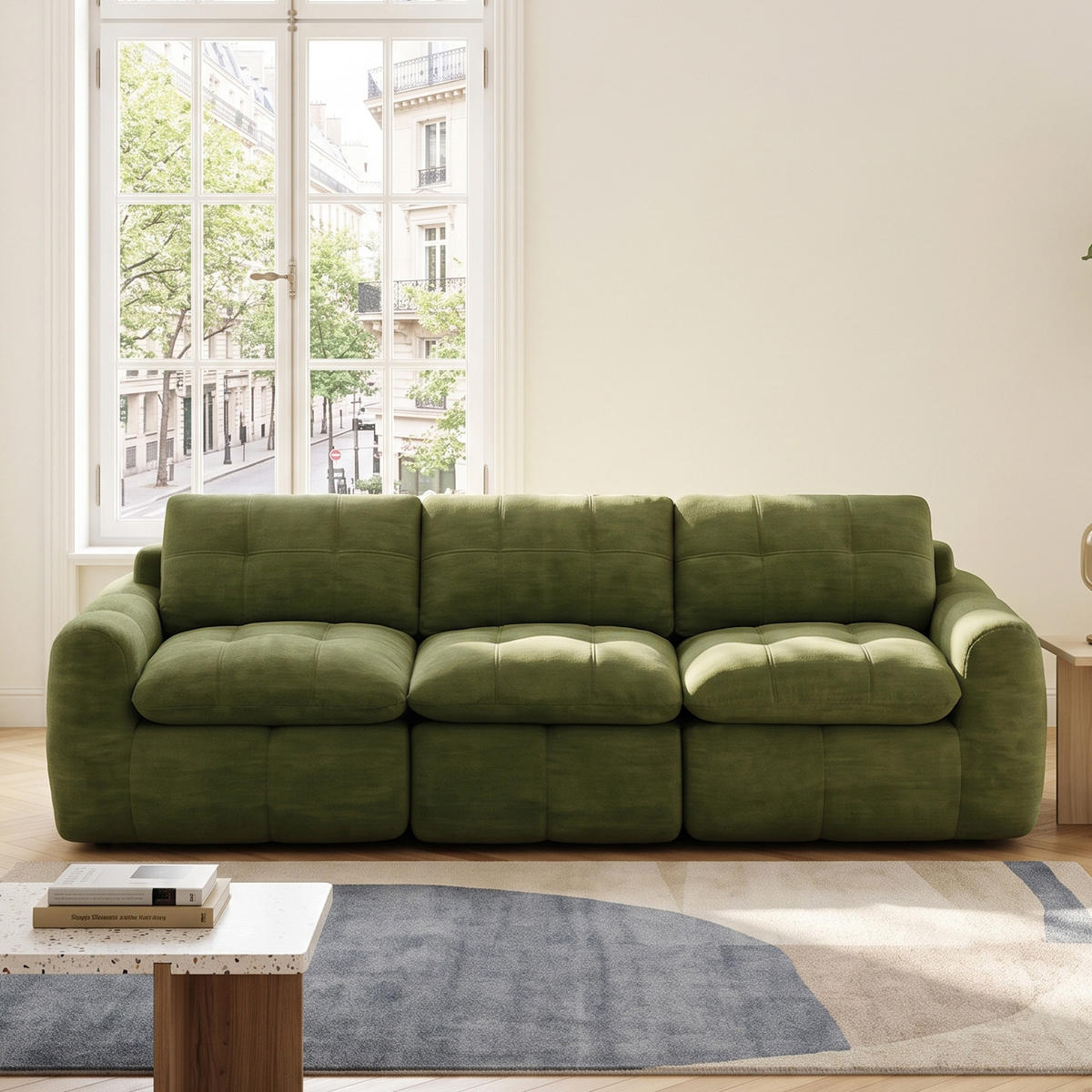 3-SITS SOFFA Modulär chenille rutsteppad grön - Grön, Textil (264/68/97cm) - Urban Meuble